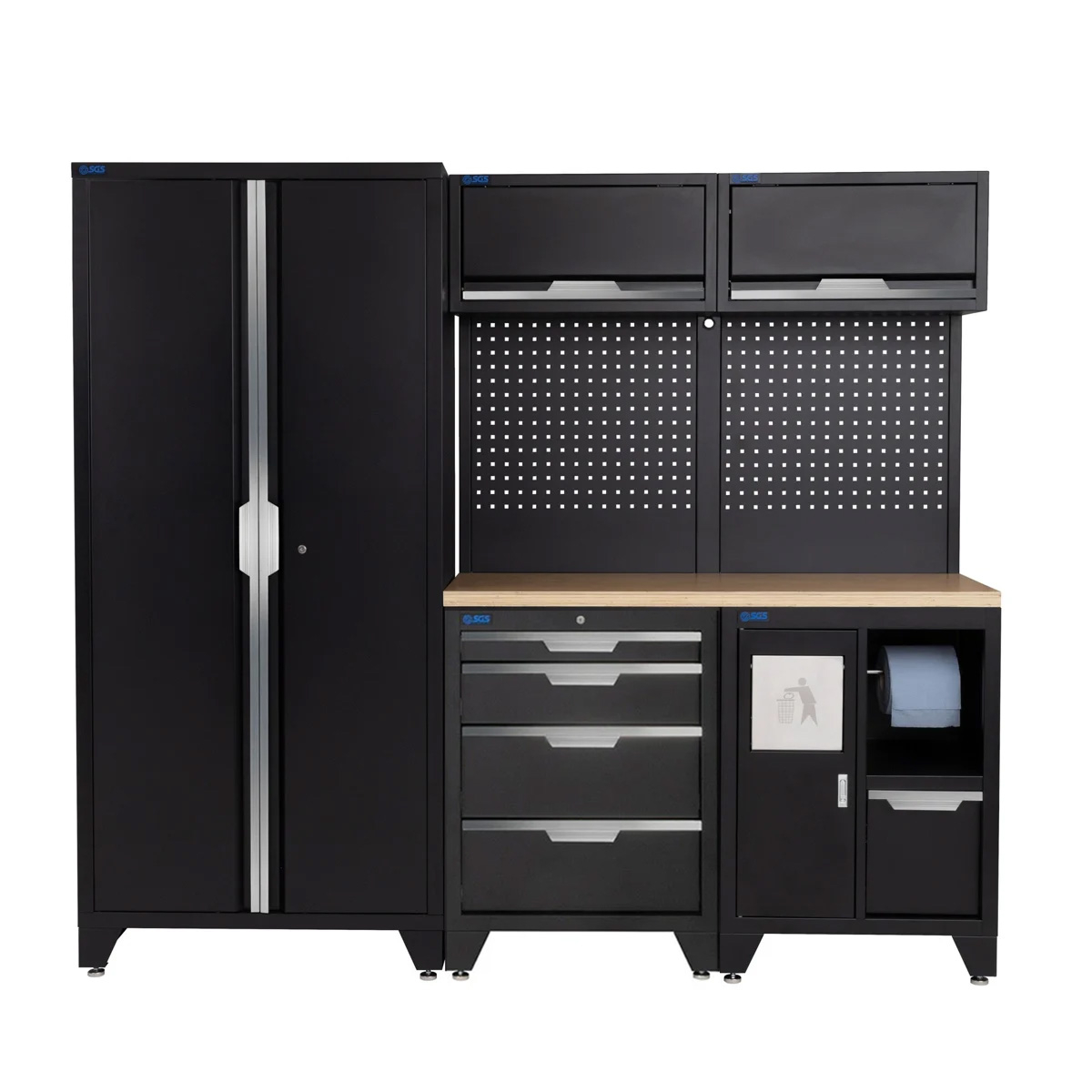 SGS 7pc Garage Storage System | 4 Drawers | Pressed Wood Worktop | Bin Unit | 2x Upper Cabinets | Tall Double Cabinet